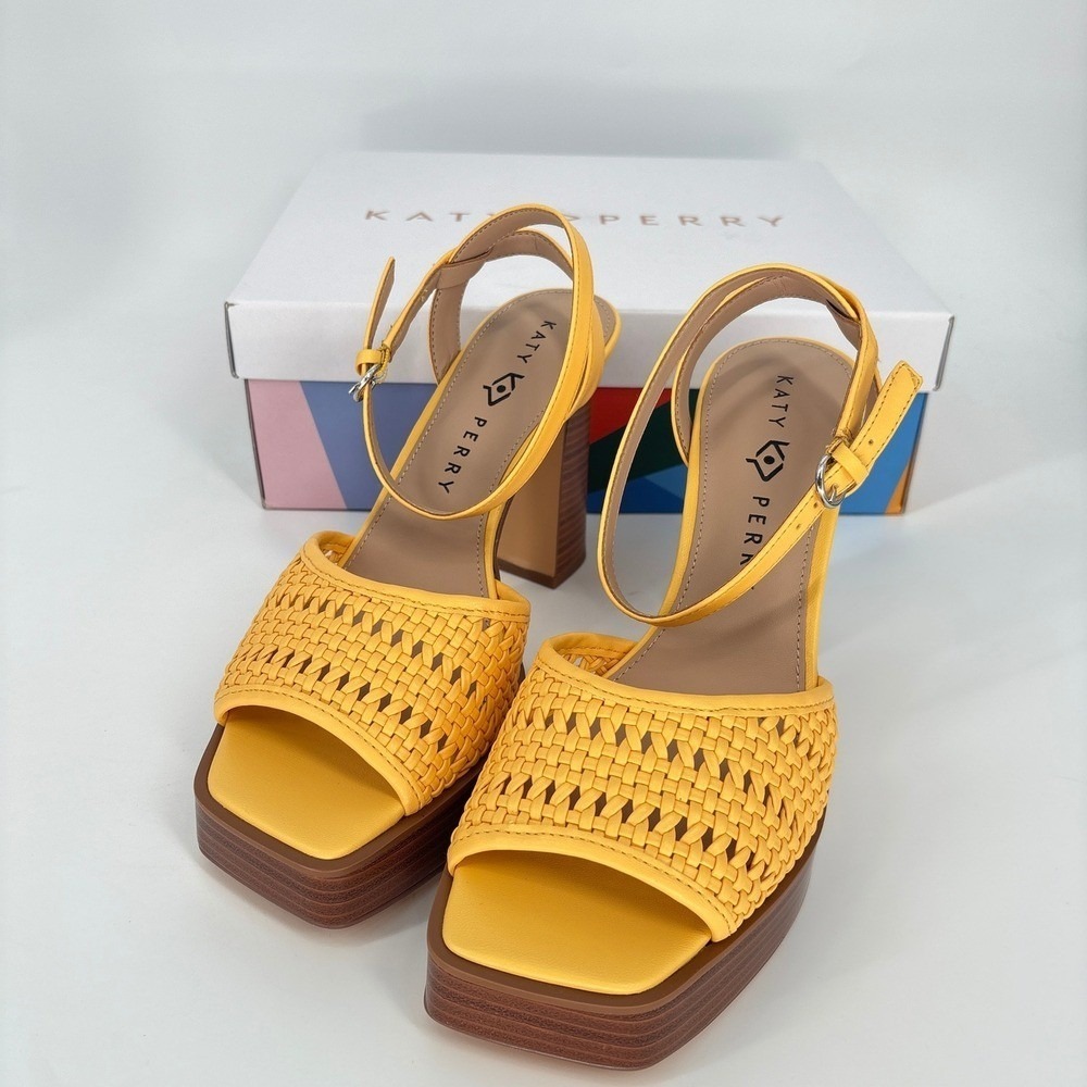 Katy Perry Platform Heels Woven Steady Ankle Strap Block Heel Sandals Yellow 8.5 - Picture 12 of 12